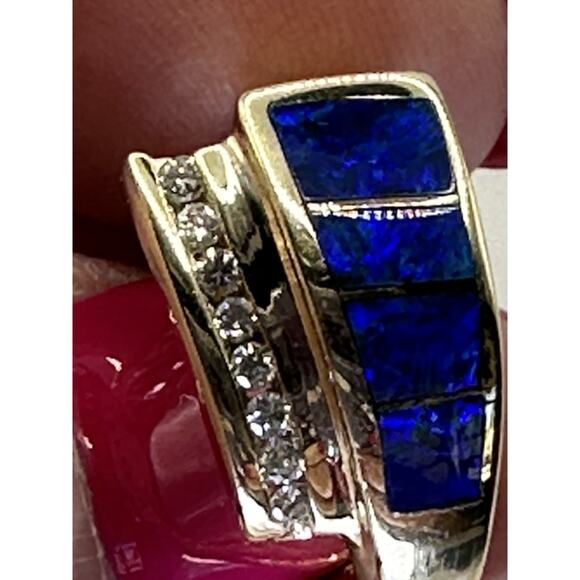 Vintage 14k Yellow Gold Australian Opal Diamond Ring Size 6 Signed T.D. - Picture 10 of 13